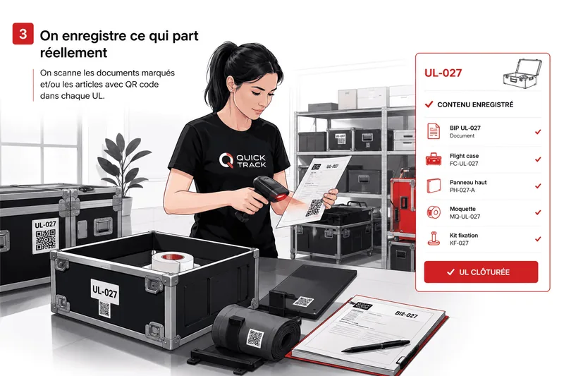 Au chargement, chaque document marqué et chaque article à QR code est scanné ; l’écran liste le contenu enregistré de l’unité logistique UL-027 avant sa clôture.