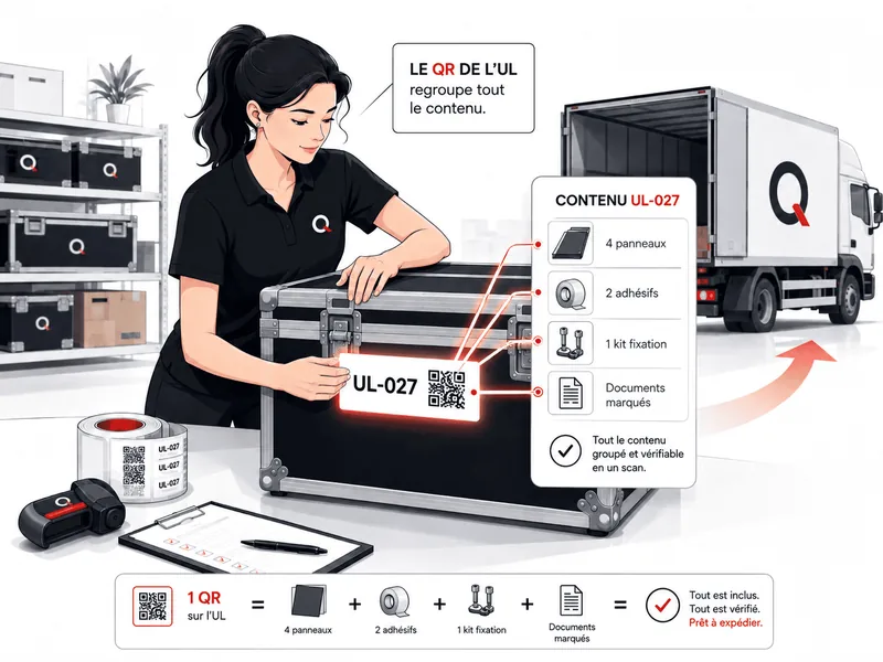 L’étiquette à QR code de l’unité logistique UL-027 est posée sur le flight case : un seul code donne accès aux panneaux, adhésifs, kit de fixation et documents marqués qu’elle contient, avant le départ du camion.