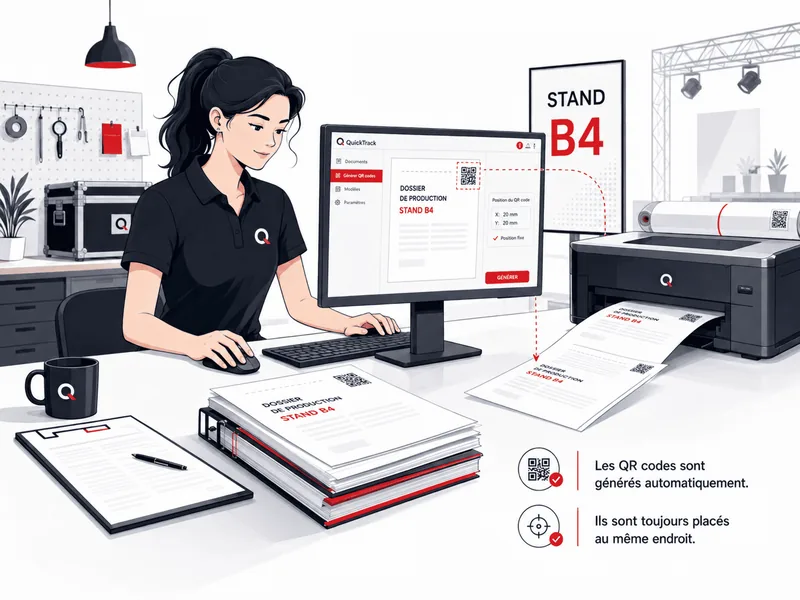 Sur l’écran QuickTrack, le QR code est positionné à un emplacement fixe du dossier de production du stand B4, et l’imprimante sort les documents marqués.