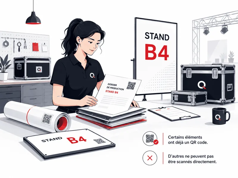À l’atelier, une opératrice rassemble le dossier de production du stand B4 avec un rouleau et un panneau de signalétique : certains éléments portent déjà un QR code, d’autres ne peuvent pas être marqués directement.