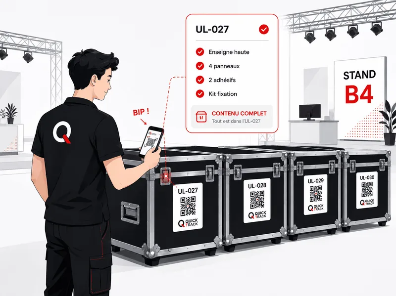 Sur le salon, quatre flight cases identiques UL-027 à UL-030 sont alignés devant le stand B4 ; un opérateur en scanne un avec son téléphone et l’écran affiche son contenu complet, sans qu’il ait à l’ouvrir.